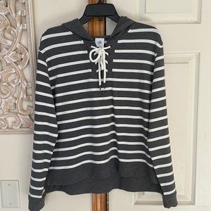 Cabi Gray/White Striped Lace Up Hoodie. Size Medium.